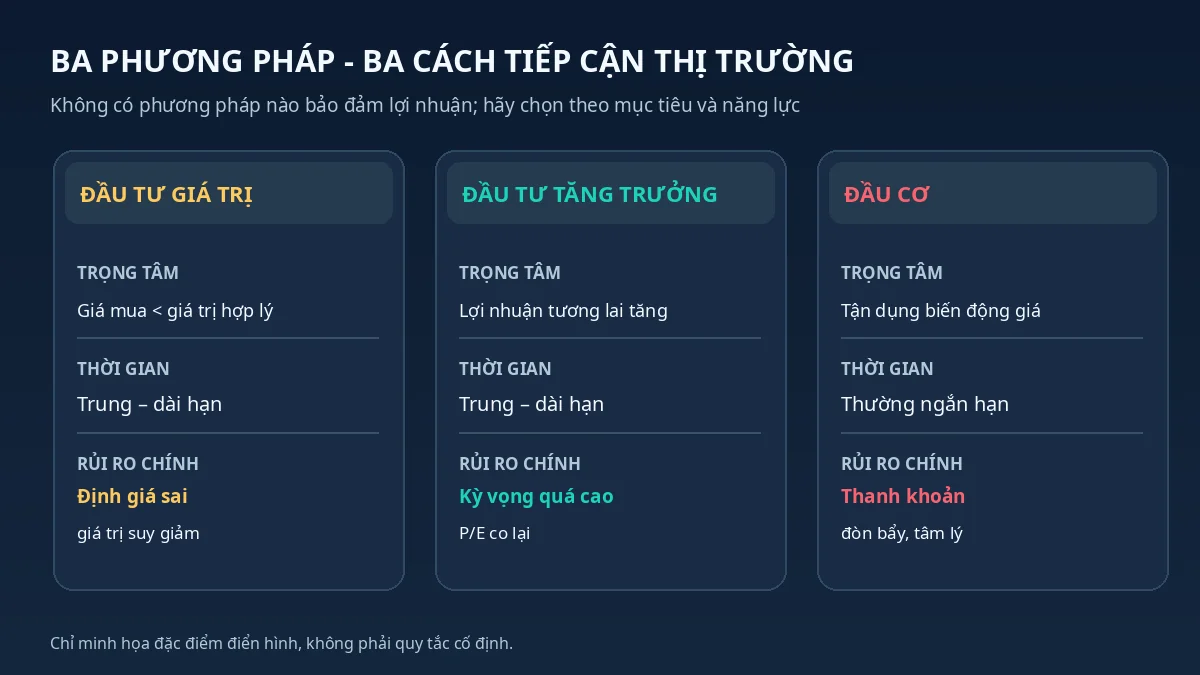 Bảng so sánh đầu tư giá trị, đầu tư tăng trưởng và đầu cơ theo trọng tâm, thời gian và rủi ro
